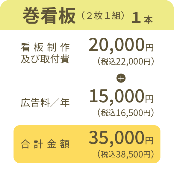 巻看板（２枚１組）１本、看板制作及び取付費20,000円（税込22,000円）＋広告料／年15,000円（税込16,500円）合計金額35,000円（税込38,500円）